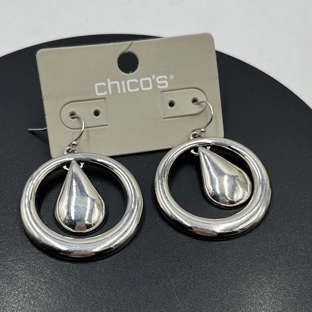 Chicos Silver Tone Teardrop Dangling‎ Hoop Earrings 2"